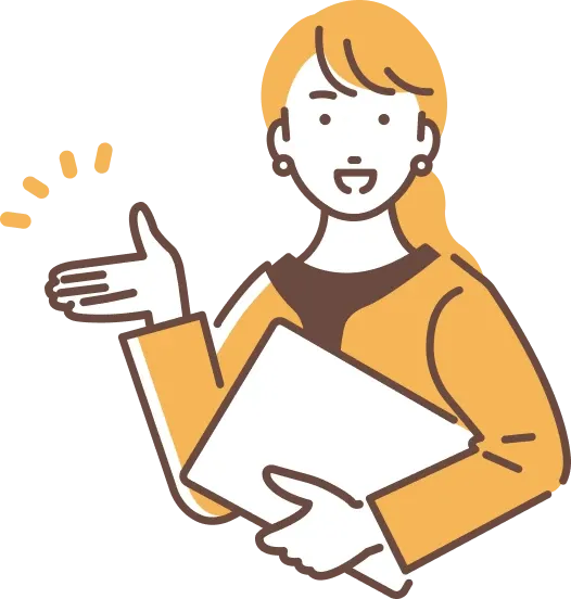 笑顔の女性スタッフが手を広げて説明しているイラスト。沖縄出店を検討する飲食店向けのサポートをイメージしたデザイン。